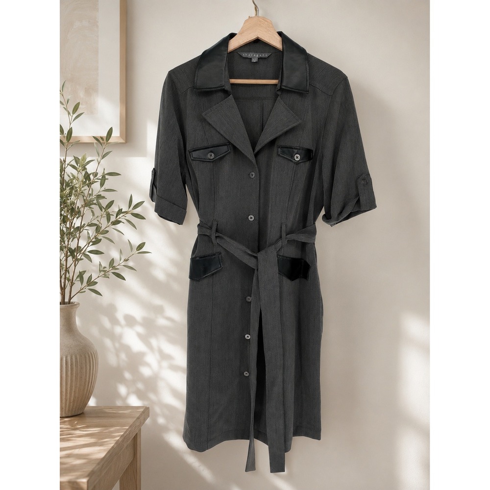Sharagano Button Down Notch Collar Belted Shirt Dress Charcoal Black Size 14